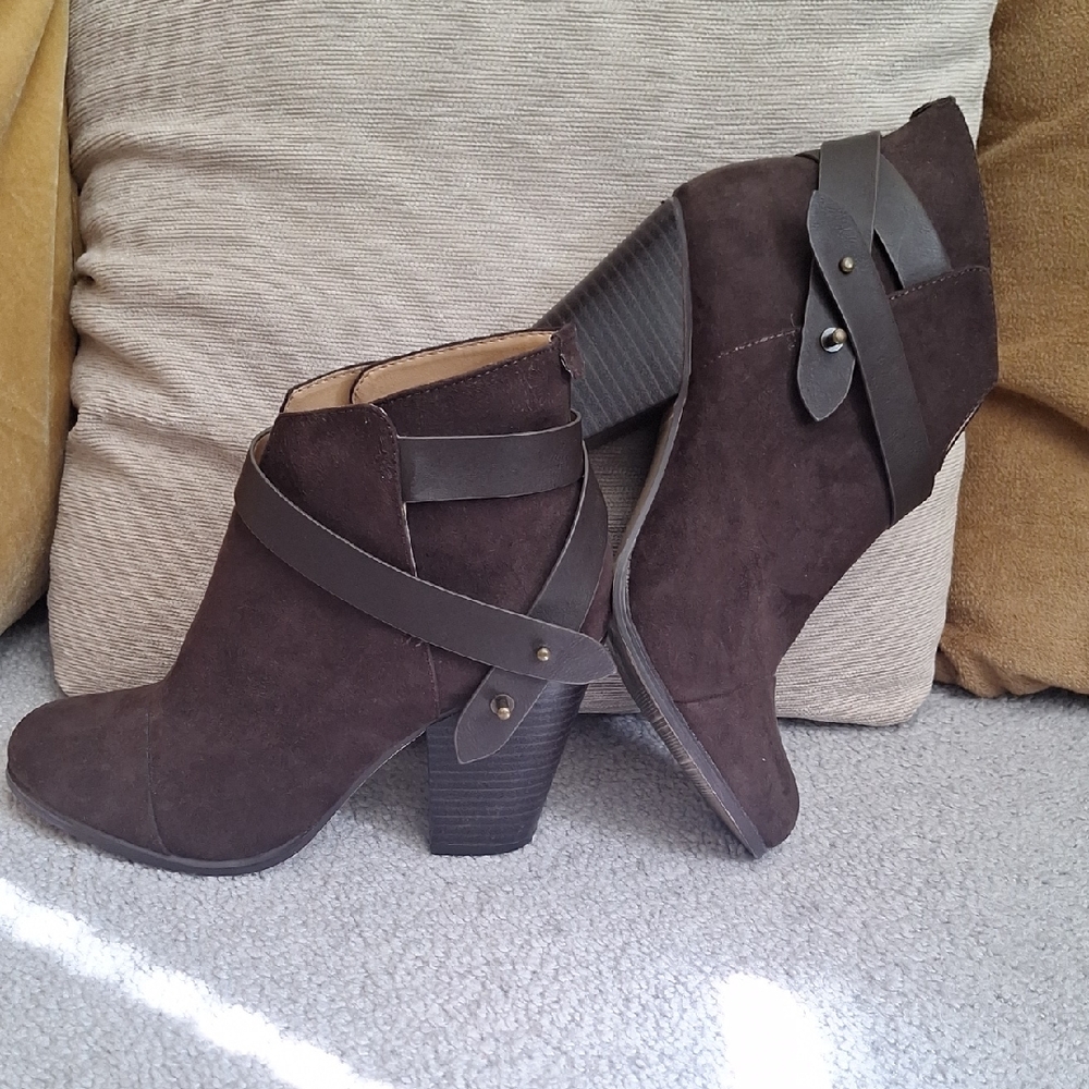 Forever 21 Dark Brown Faux Suede  Ankle Booties with Strap Detail